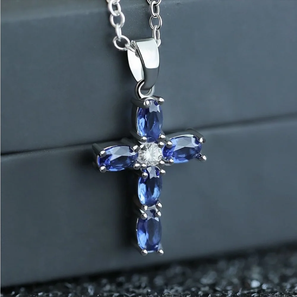 New Oval Royal Blue Sapphire Cross Necklace - Picture 1 of 4